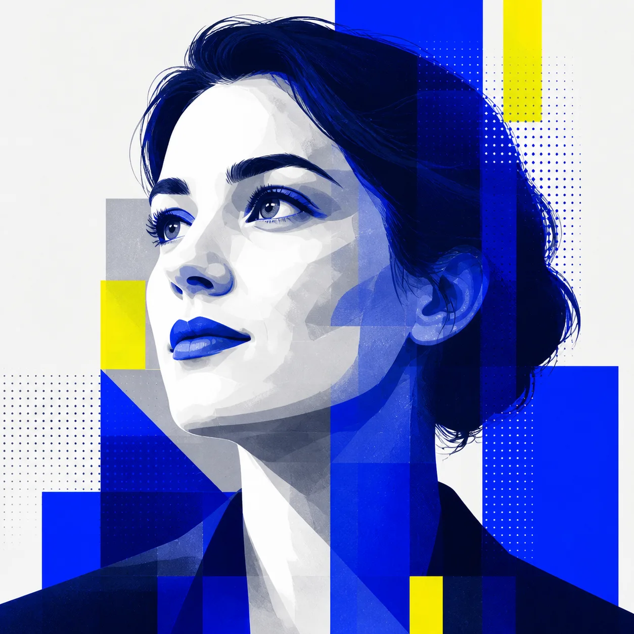 KI-generierte Darstellung von Ina K.: ein illustriertes Porträt im Dreiviertelprofil in Blau, Gelb und Grau, überlagert von geometrischen Flächen und Rasterpunkten. Kein Foto einer realen Person.
